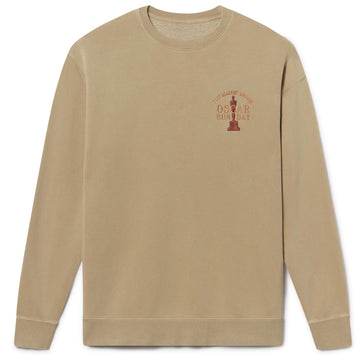 Men's Women's Adult Beige sweatshirt with a Oscar Sunday logo graphic design on a white background